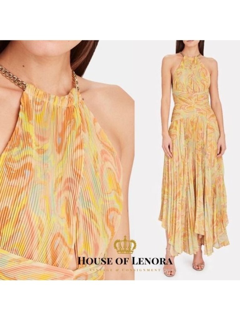 Nwt Aiifos Grace Pleated Halter Chiffon Gown In Peach And Yellow Size 6